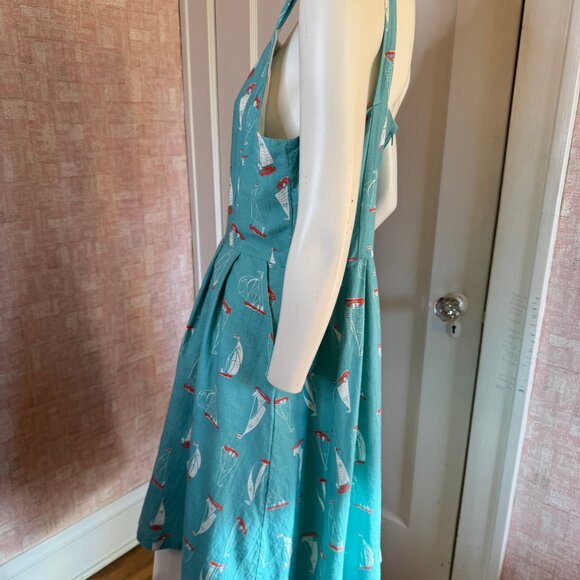Knitted Dove Blue Retro Sailboat Print Dress sz L - Picture 6 of 12